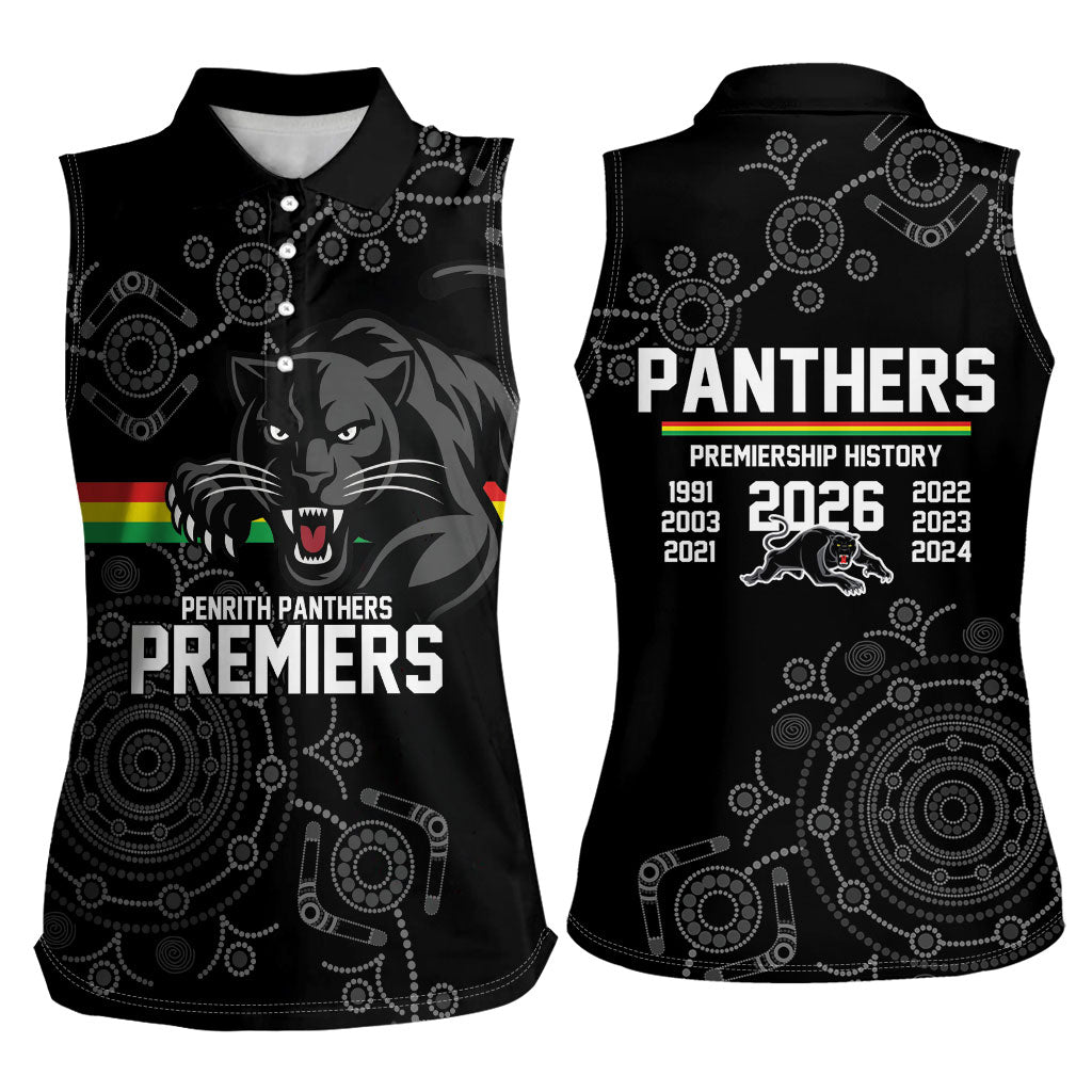 Penrith Premiers 2026 Women Sleeveless Polo Shirt Panthers Seven-Time Premiership Black