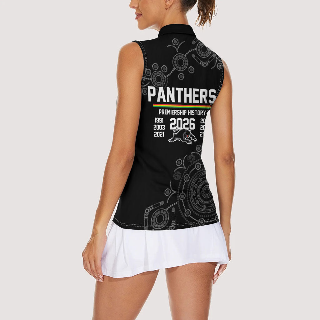 Penrith Premiers 2026 Women Sleeveless Polo Shirt Panthers Seven-Time Premiership Black