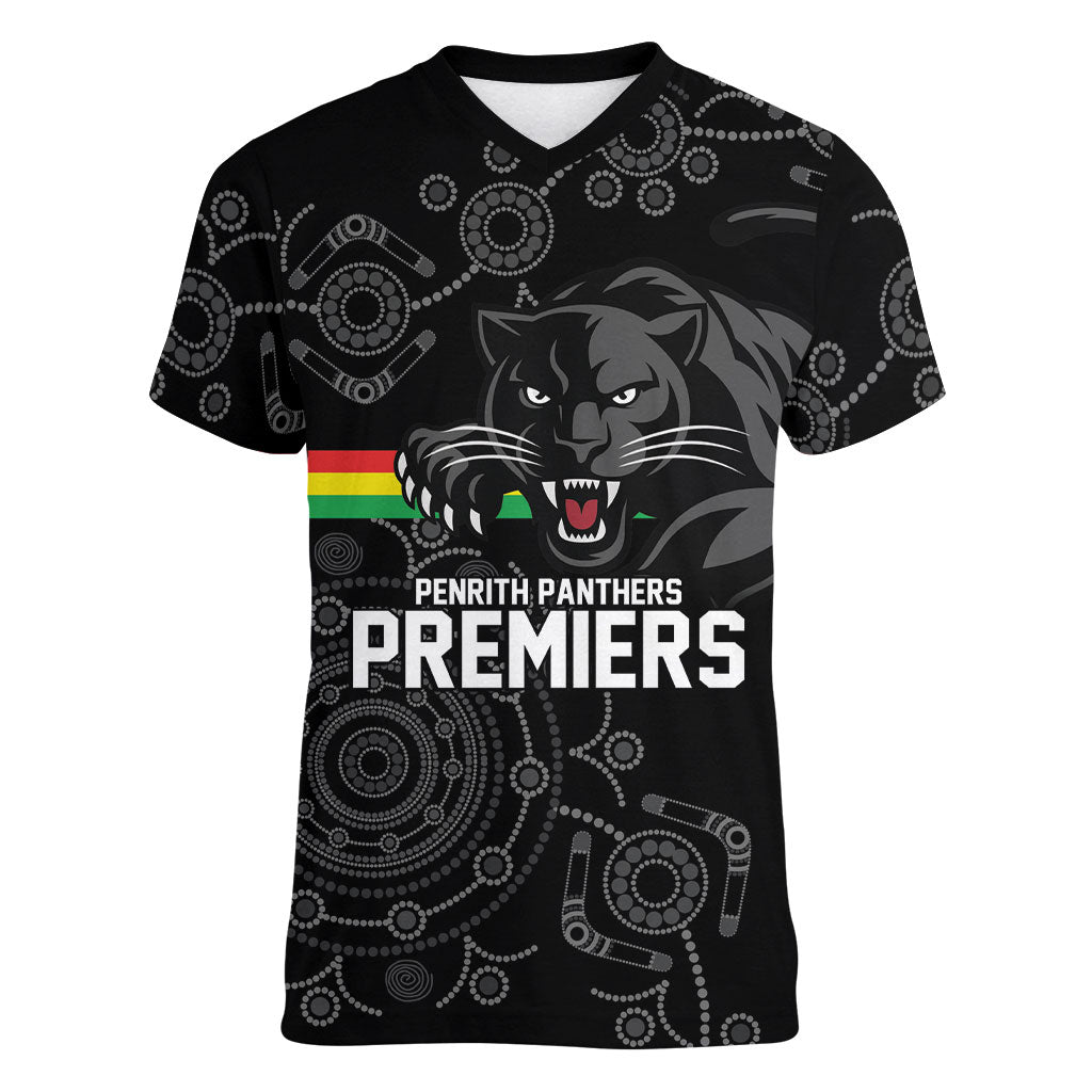 Penrith Premiers 2026 Women V-Neck T-Shirt Panthers Seven-Time Premiership Black