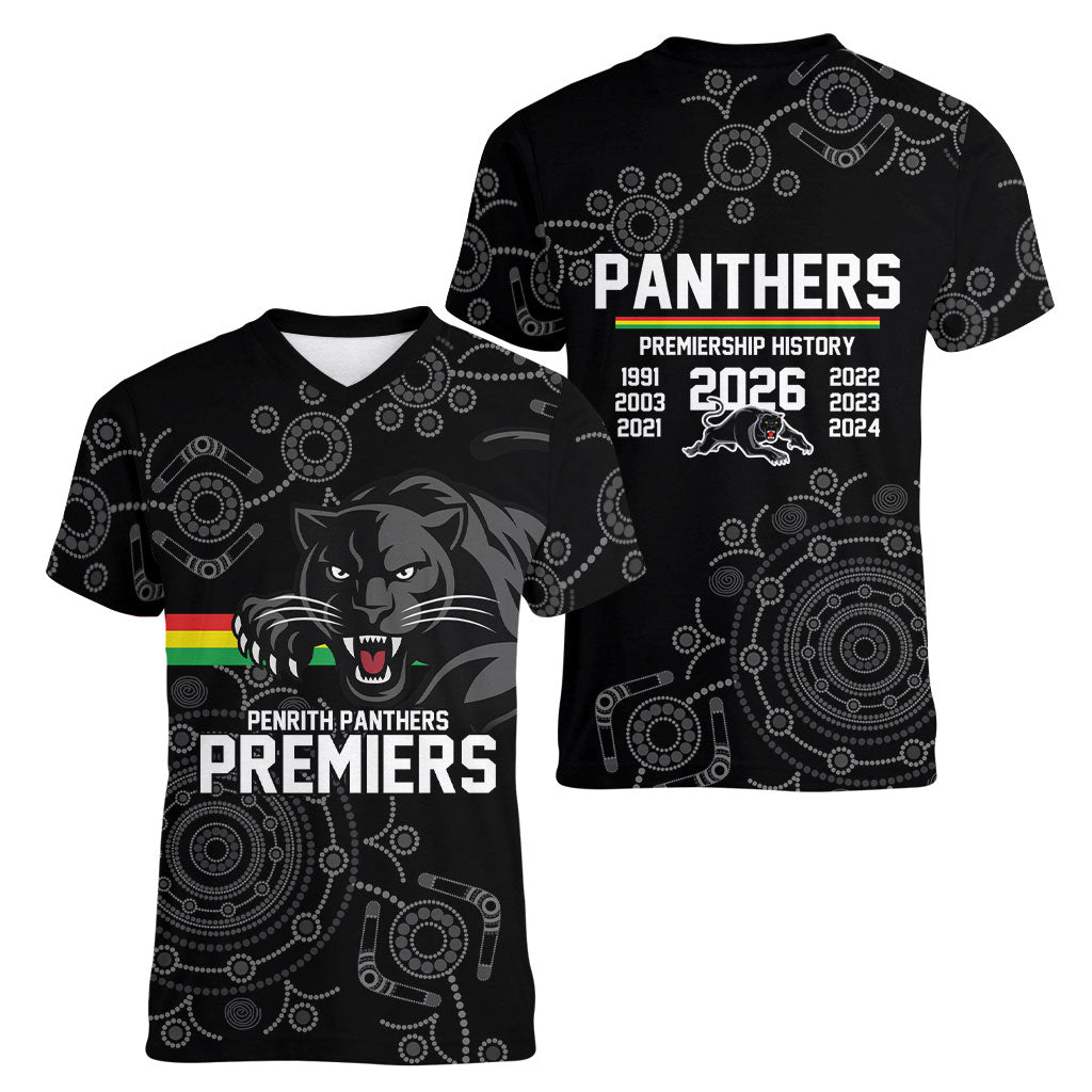 Penrith Premiers 2026 Women V-Neck T-Shirt Panthers Seven-Time Premiership Black