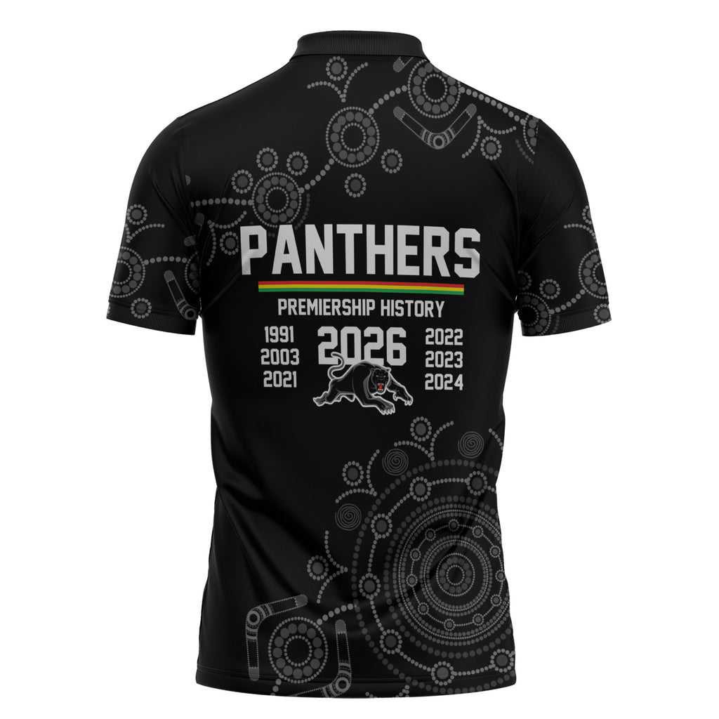 Penrith Premiers 2026 Zipper Polo Shirt Panthers Seven-Time Premiership Black