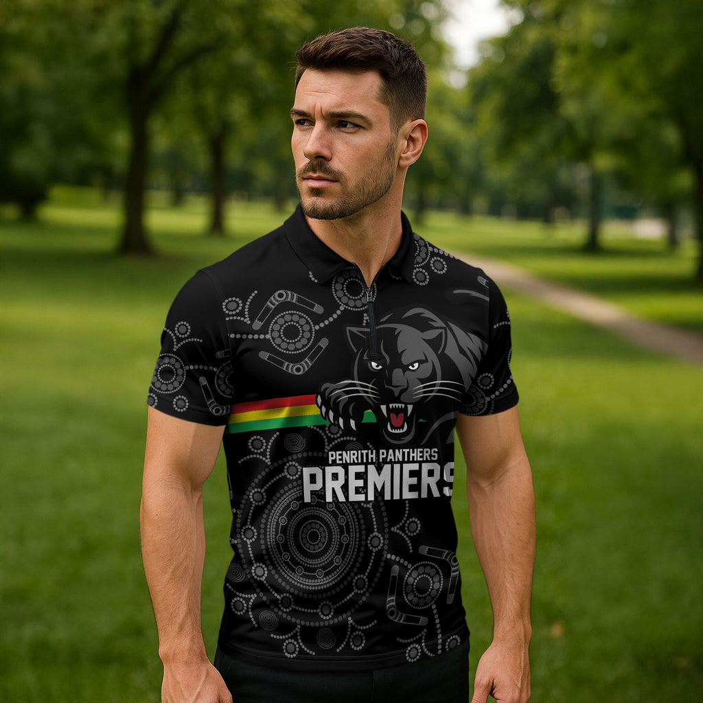 Penrith Premiers 2026 Zipper Polo Shirt Panthers Seven-Time Premiership Black