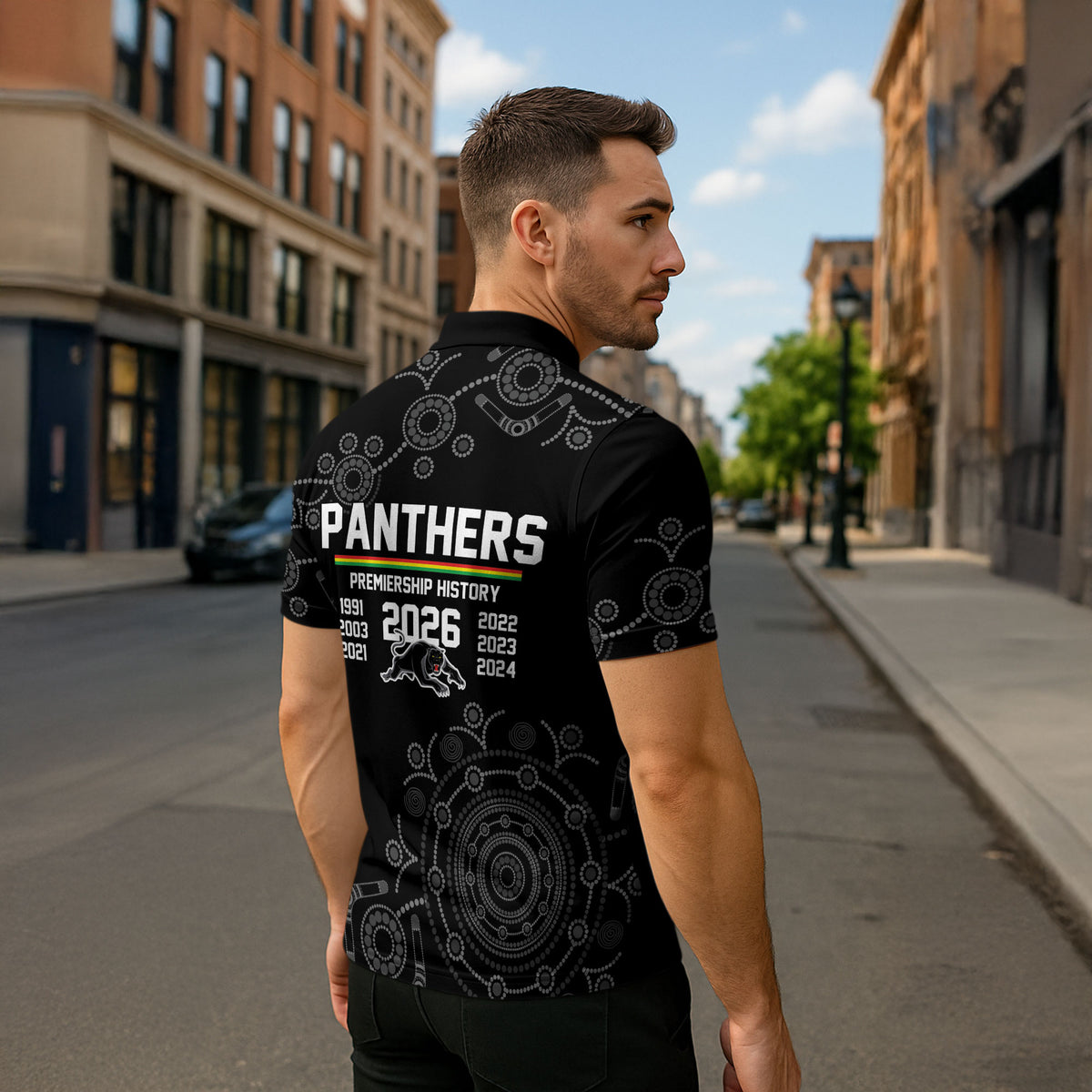 Penrith Premiers 2026 Zipper Polo Shirt Panthers Seven-Time Premiership Black