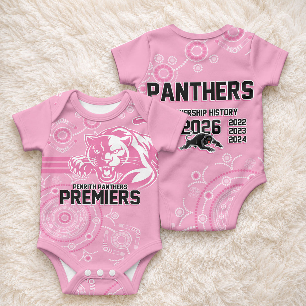 Penrith Premiers 2026 Baby Onesie Panthers Seven-Time Premiership Pink