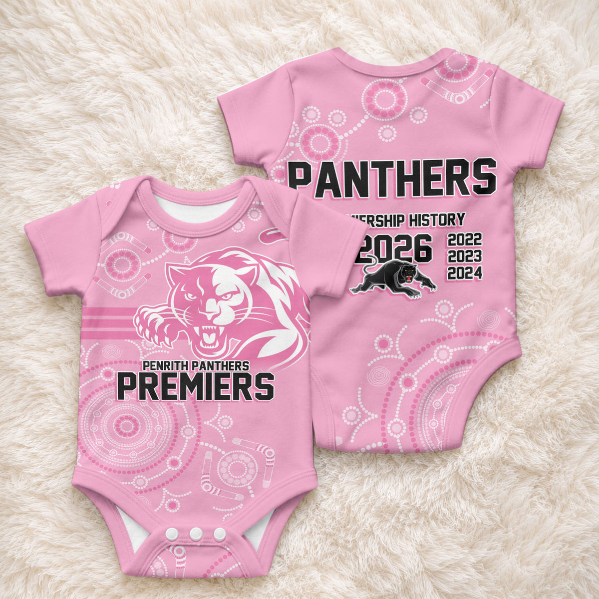 Penrith Premiers 2026 Baby Onesie Panthers Seven-Time Premiership Pink