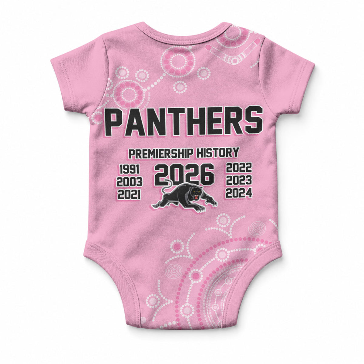 Penrith Premiers 2026 Baby Onesie Panthers Seven-Time Premiership Pink