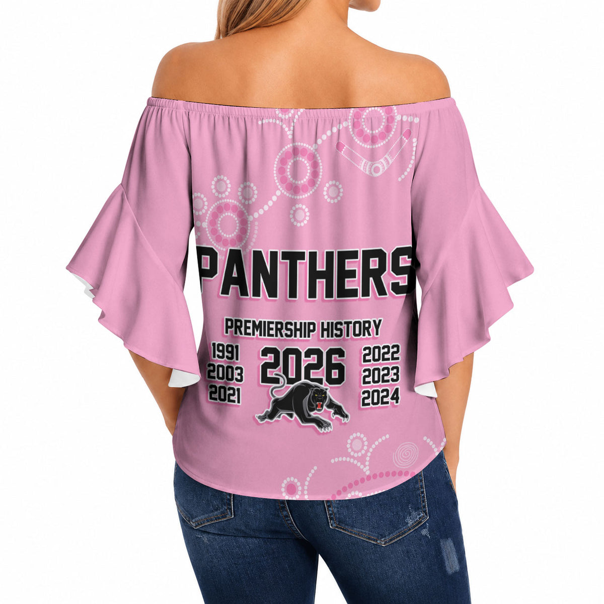 Penrith Premiers 2026 Off Shoulder Wrap Waist Top Panthers Seven-Time Premiership Pink
