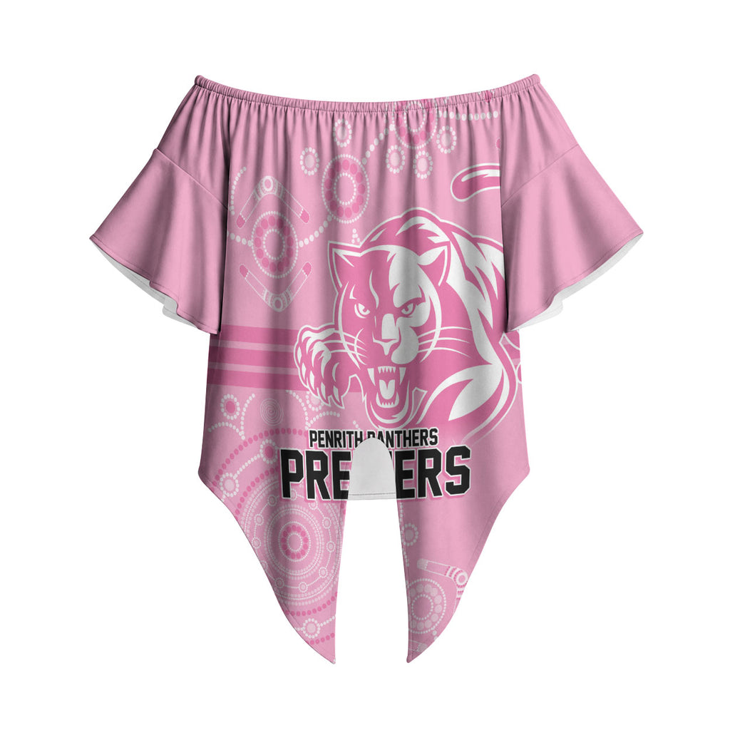 Penrith Premiers 2026 Off Shoulder Wrap Waist Top Panthers Seven-Time Premiership Pink