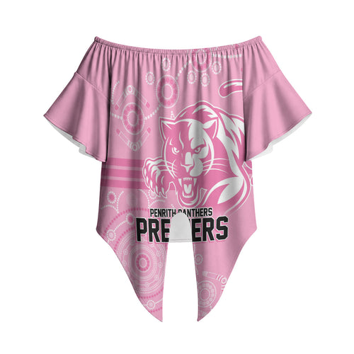Penrith Premiers 2026 Off Shoulder Wrap Waist Top Panthers Seven-Time Premiership Pink
