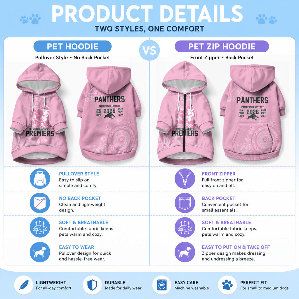 Penrith Premiers 2026 Pet Hoodie Panthers Seven-Time Premiership Pink