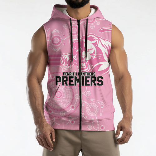 Penrith Premiers 2026 Sleeveless Zip Hoodie Panthers Seven-Time Premiership Pink