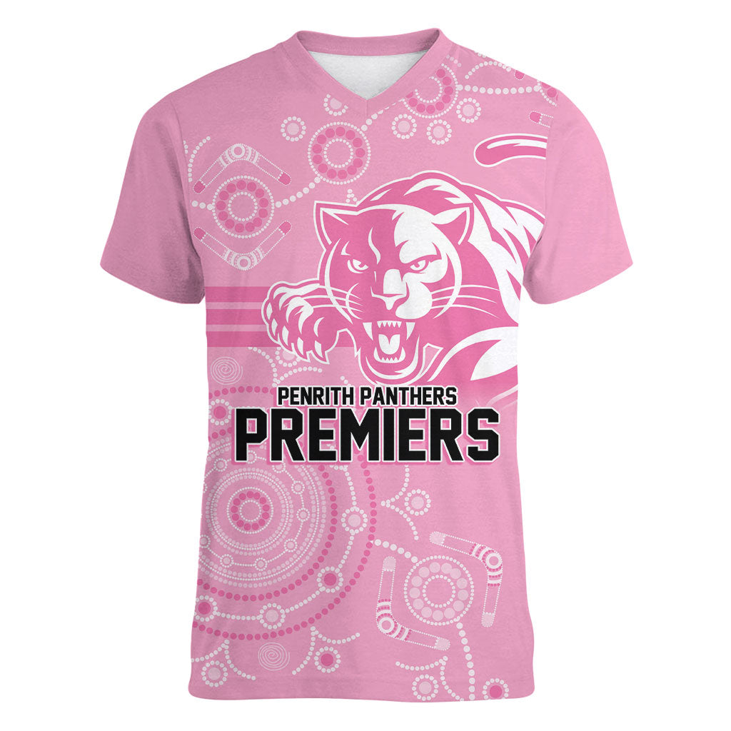 Penrith Premiers 2026 Women V-Neck T-Shirt Panthers Seven-Time Premiership Pink