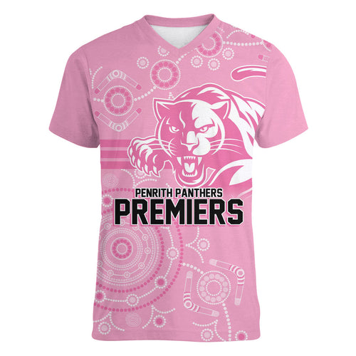 Penrith Premiers 2026 Women V-Neck T-Shirt Panthers Seven-Time Premiership Pink