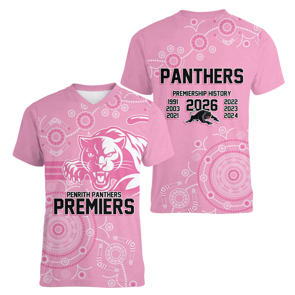 Penrith Premiers 2026 Women V-Neck T-Shirt Panthers Seven-Time Premiership Pink