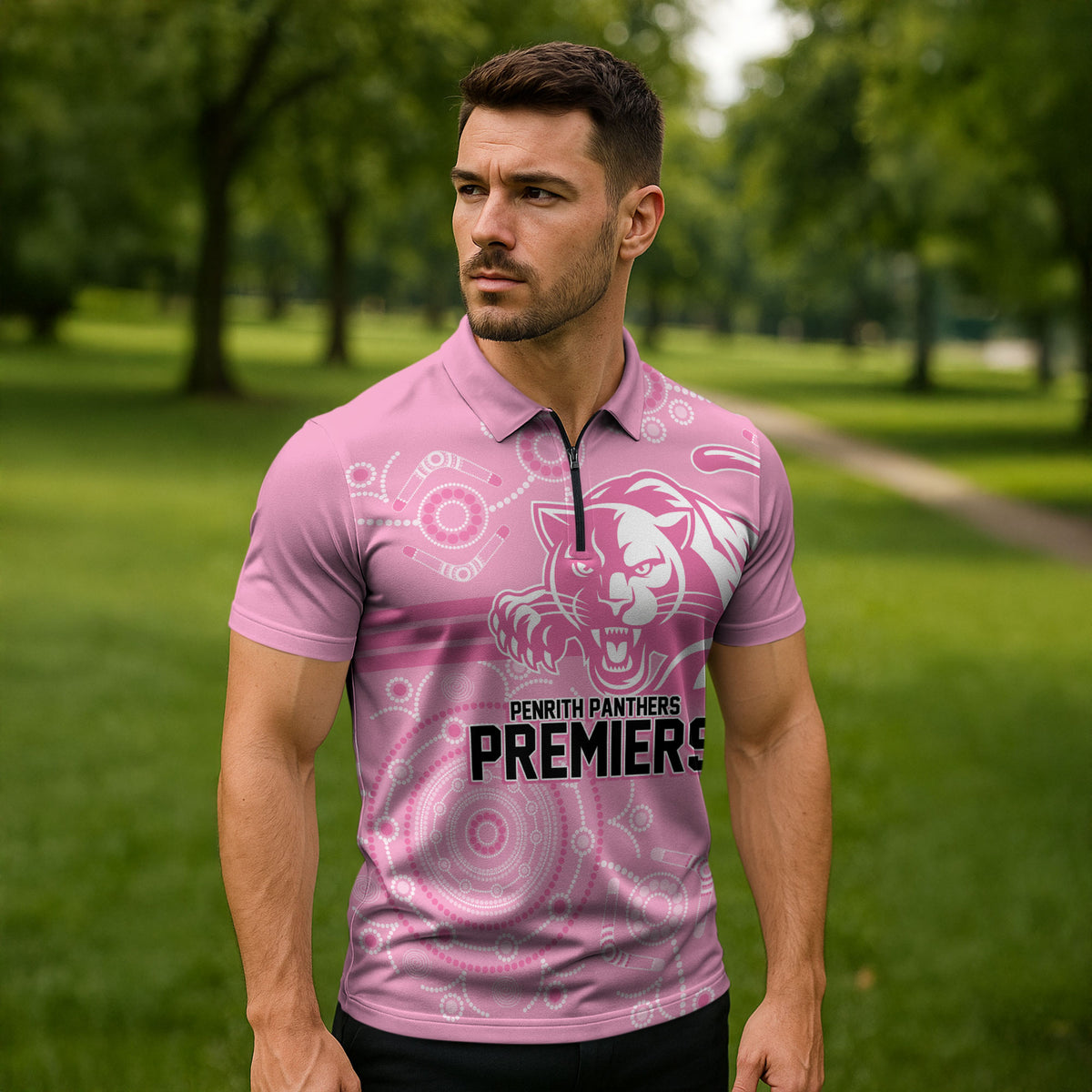 Penrith Premiers 2026 Zipper Polo Shirt Panthers Seven-Time Premiership Pink