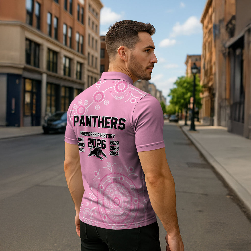 Penrith Premiers 2026 Zipper Polo Shirt Panthers Seven-Time Premiership Pink