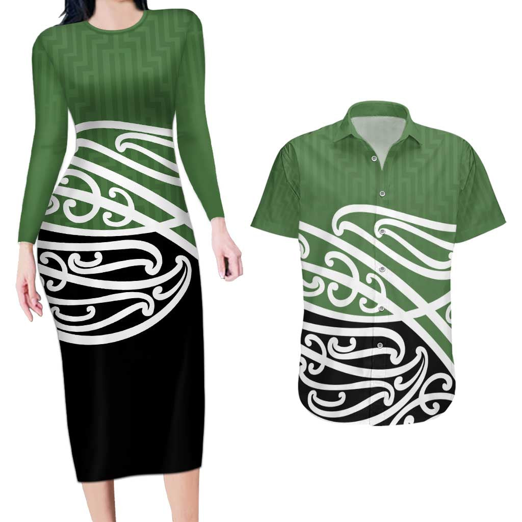 Green Fern New Zealand Kowhai Ngutukak Couples Matching Long Sleeve Bodycon Dress and Hawaiian Shirt - Aussie Hoodie
