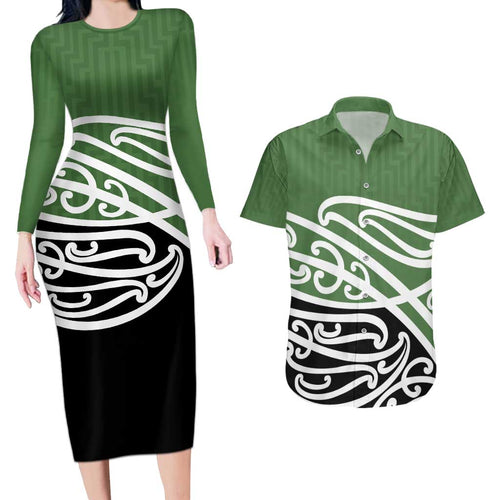 Green Fern New Zealand Kowhai Ngutukak Couples Matching Long Sleeve Bodycon Dress and Hawaiian Shirt - Aussie Hoodie
