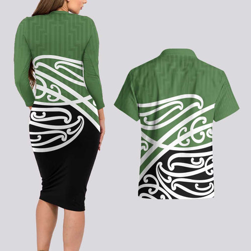 Green Fern New Zealand Kowhai Ngutukak Couples Matching Long Sleeve Bodycon Dress and Hawaiian Shirt - Aussie Hoodie