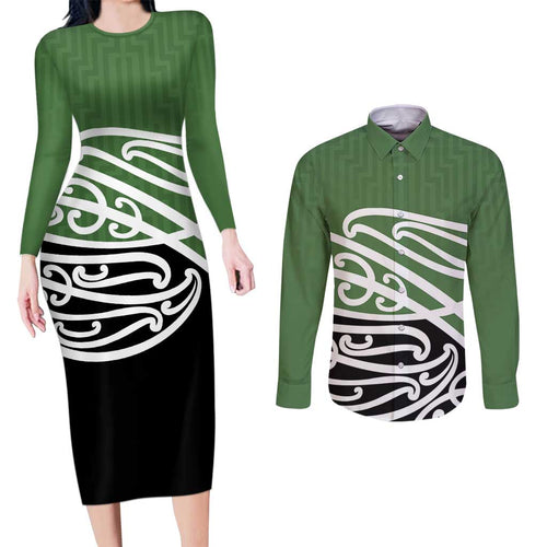 Green Fern New Zealand Kowhai Ngutukak Couples Matching Long Sleeve Bodycon Dress and Long Sleeve Button Shirt - Aussie Hoodie