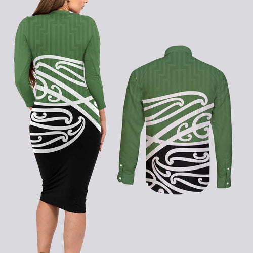 Green Fern New Zealand Kowhai Ngutukak Couples Matching Long Sleeve Bodycon Dress and Long Sleeve Button Shirt - Aussie Hoodie