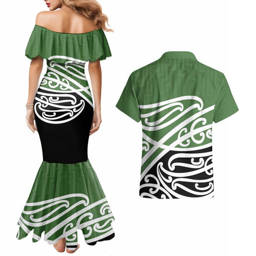 Green Fern New Zealand Kowhai Ngutukak Couples Matching Mermaid Dress and Hawaiian Shirt - Aussie Hoodie