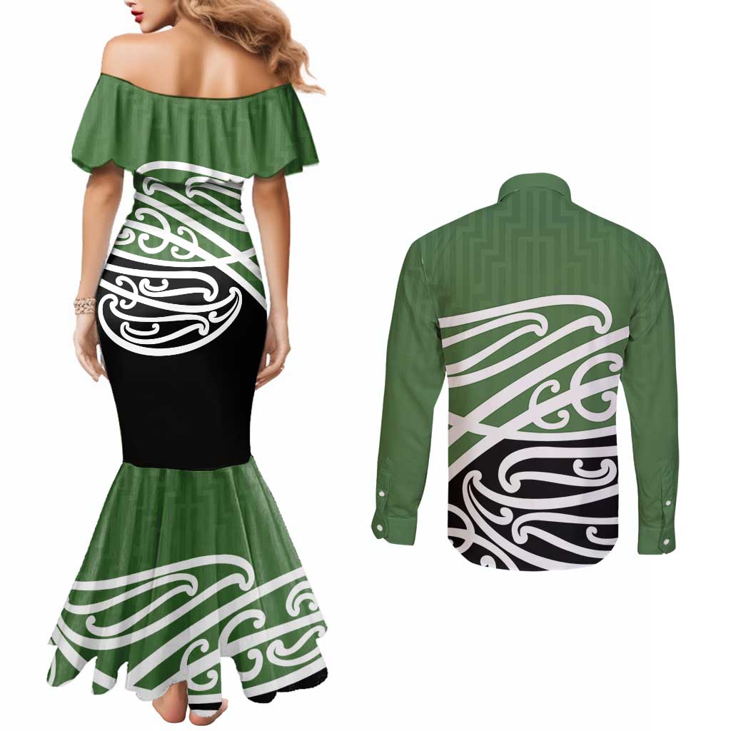 Green Fern New Zealand Kowhai Ngutukak Couples Matching Mermaid Dress and Long Sleeve Button Shirt - Aussie Hoodie