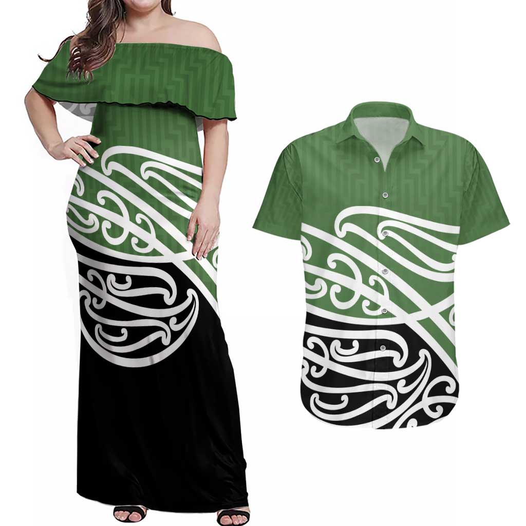 Green Fern New Zealand Kowhai Ngutukak Couples Matching Off Shoulder Maxi Dress and Hawaiian Shirt - Aussie Hoodie