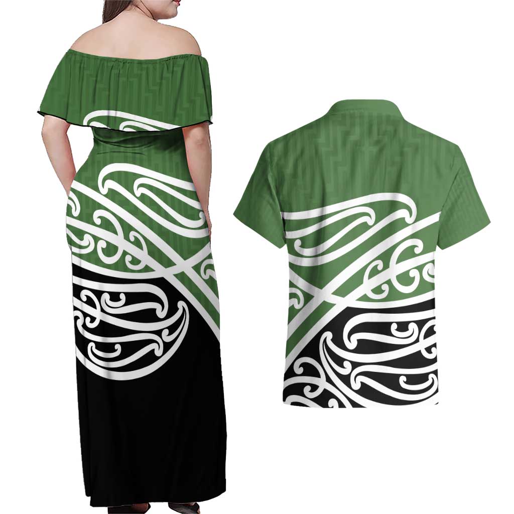Green Fern New Zealand Kowhai Ngutukak Couples Matching Off Shoulder Maxi Dress and Hawaiian Shirt - Aussie Hoodie