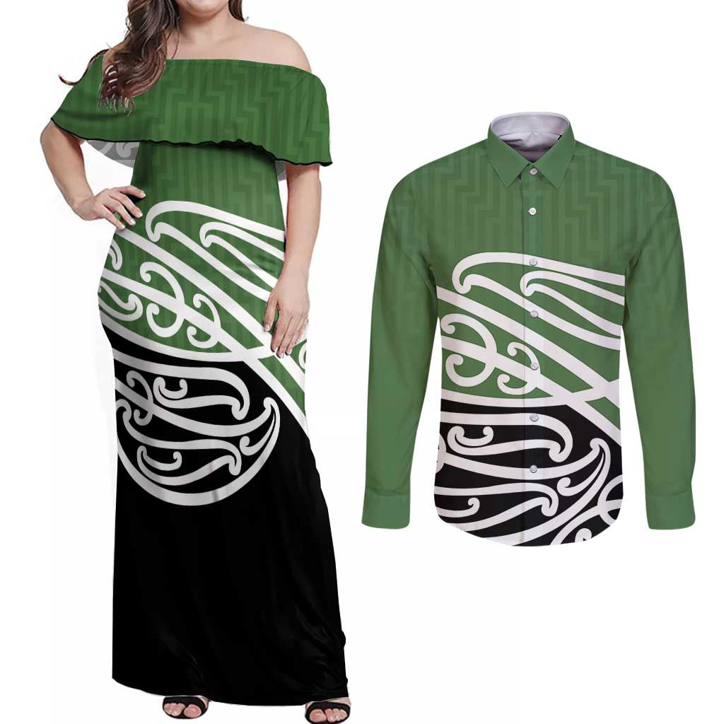 Green Fern New Zealand Kowhai Ngutukak Couples Matching Off Shoulder Maxi Dress and Long Sleeve Button Shirt - Aussie Hoodie