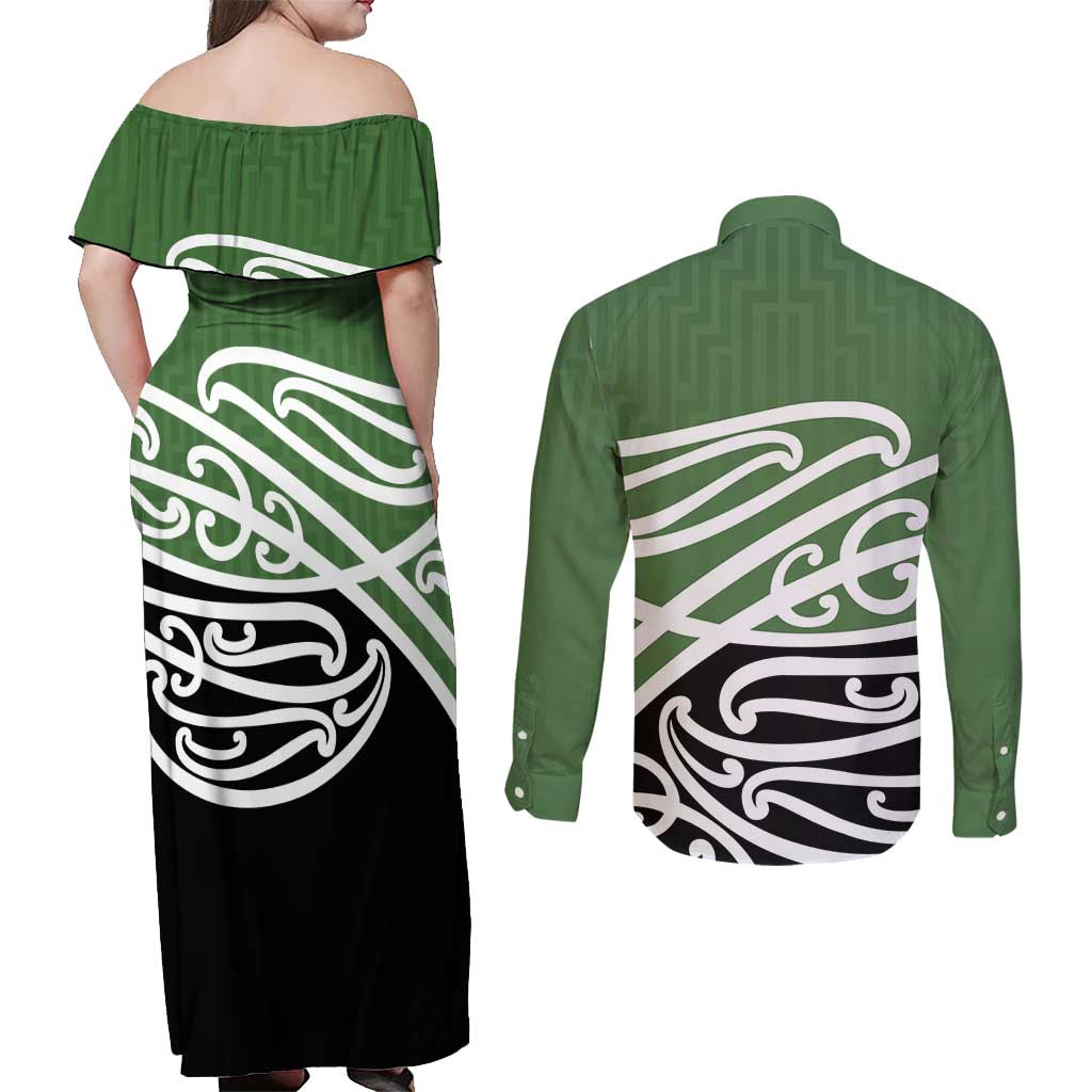 Green Fern New Zealand Kowhai Ngutukak Couples Matching Off Shoulder Maxi Dress and Long Sleeve Button Shirt - Aussie Hoodie