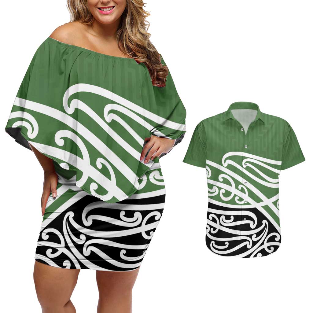 Green Fern New Zealand Kowhai Ngutukak Couples Matching Off Shoulder Short Dress and Hawaiian Shirt - Aussie Hoodie