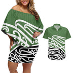 Green Fern New Zealand Kowhai Ngutukak Couples Matching Off Shoulder Short Dress and Hawaiian Shirt - Aussie Hoodie
