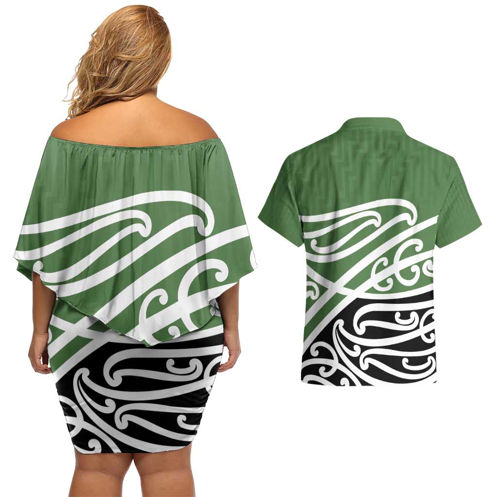 Green Fern New Zealand Kowhai Ngutukak Couples Matching Off Shoulder Short Dress and Hawaiian Shirt - Aussie Hoodie