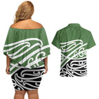 Green Fern New Zealand Kowhai Ngutukak Couples Matching Off Shoulder Short Dress and Hawaiian Shirt - Aussie Hoodie