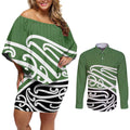 Green Fern New Zealand Kowhai Ngutukak Couples Matching Off Shoulder Short Dress and Long Sleeve Button Shirt - Aussie Hoodie