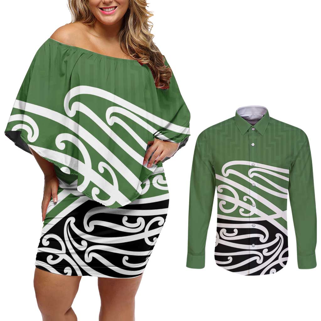 Green Fern New Zealand Kowhai Ngutukak Couples Matching Off Shoulder Short Dress and Long Sleeve Button Shirt - Aussie Hoodie