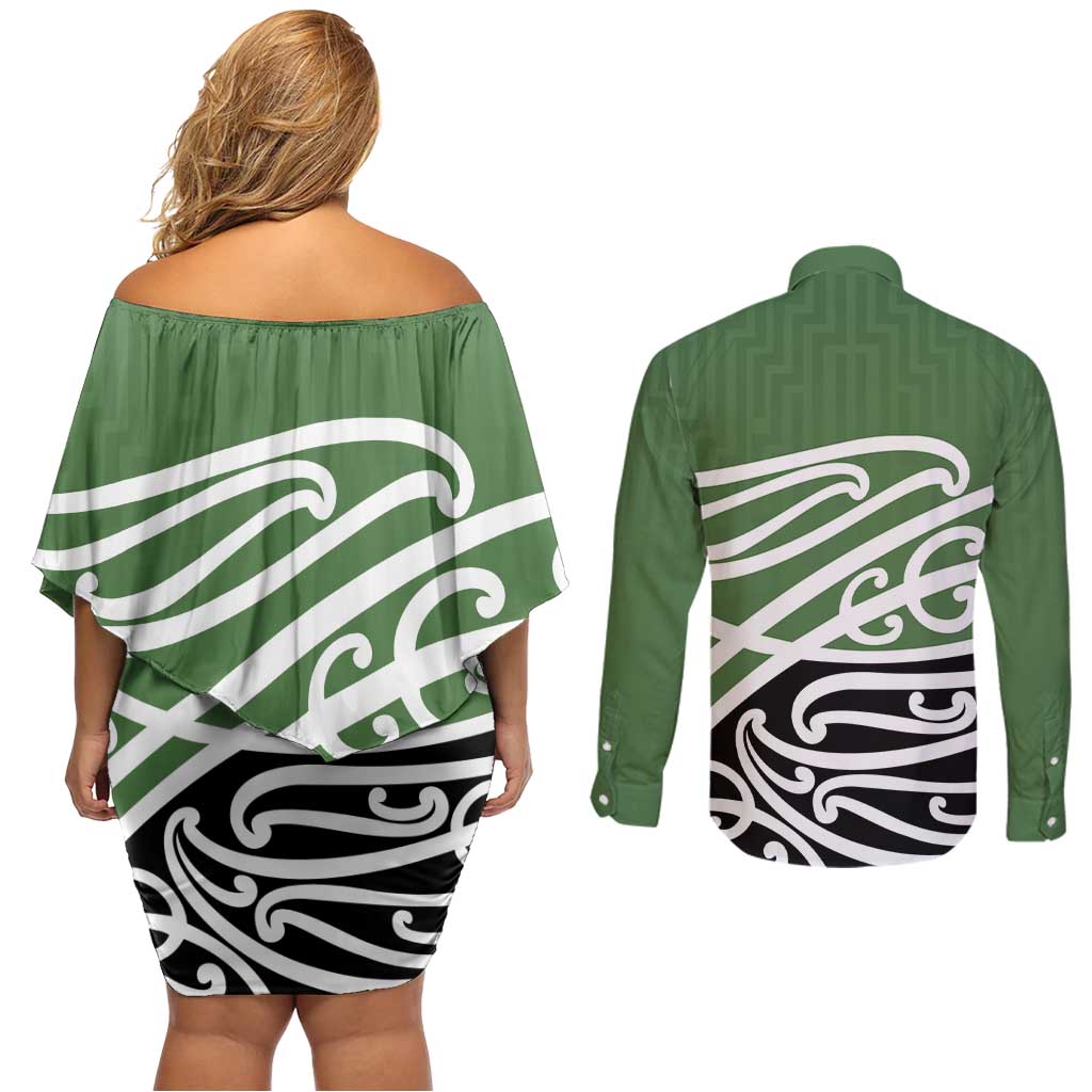 Green Fern New Zealand Kowhai Ngutukak Couples Matching Off Shoulder Short Dress and Long Sleeve Button Shirt - Aussie Hoodie