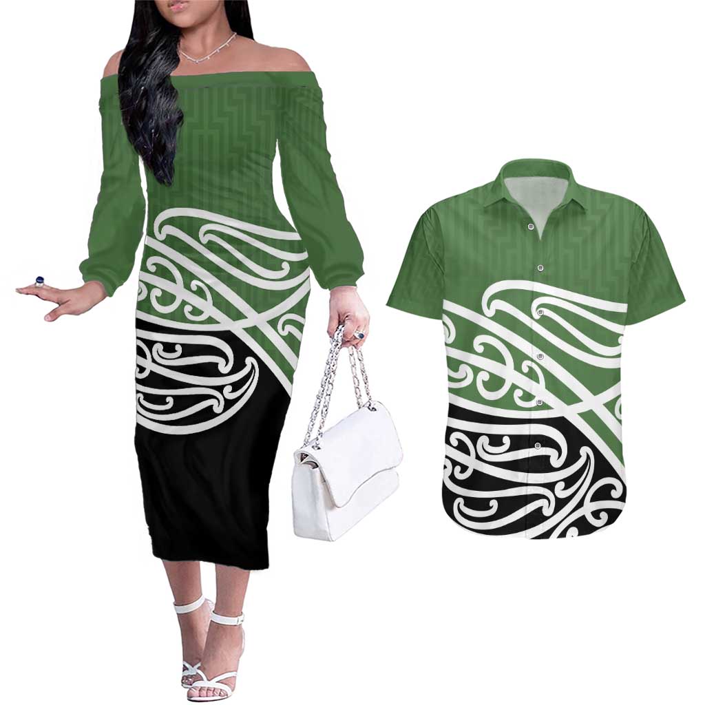 Green Fern New Zealand Kowhai Ngutukak Couples Matching Off The Shoulder Long Sleeve Dress and Hawaiian Shirt - Aussie Hoodie