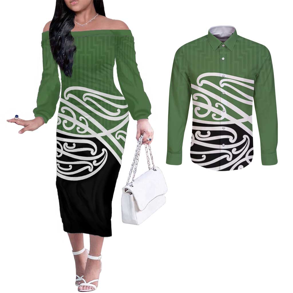 Green Fern New Zealand Kowhai Ngutukak Couples Matching Off The Shoulder Long Sleeve Dress and Long Sleeve Button Shirt - Aussie Hoodie