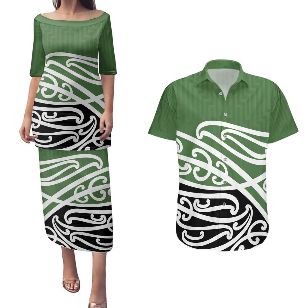 Green Fern New Zealand Kowhai Ngutukak Couples Matching Puletasi and Hawaiian Shirt - Aussie Hoodie