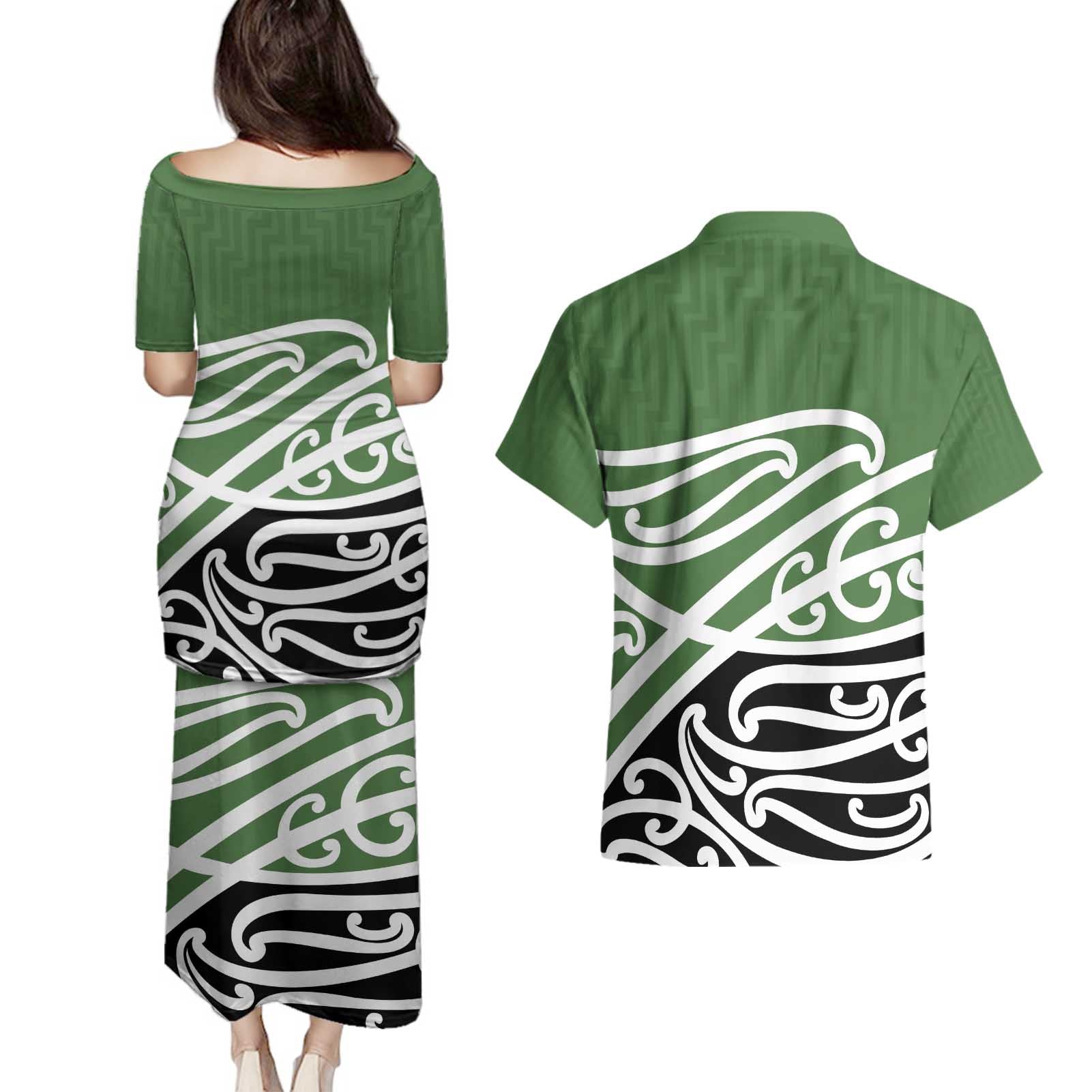 Green Fern New Zealand Kowhai Ngutukak Couples Matching Puletasi and Hawaiian Shirt - Aussie Hoodie