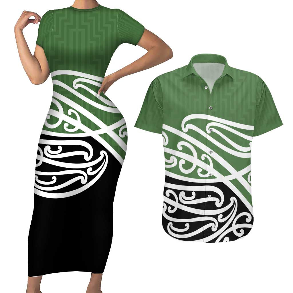 Green Fern New Zealand Kowhai Ngutukak Couples Matching Short Sleeve Bodycon Dress and Hawaiian Shirt - Aussie Hoodie