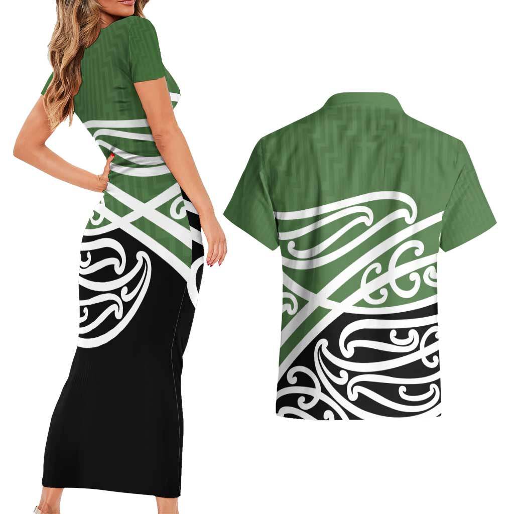 Green Fern New Zealand Kowhai Ngutukak Couples Matching Short Sleeve Bodycon Dress and Hawaiian Shirt - Aussie Hoodie