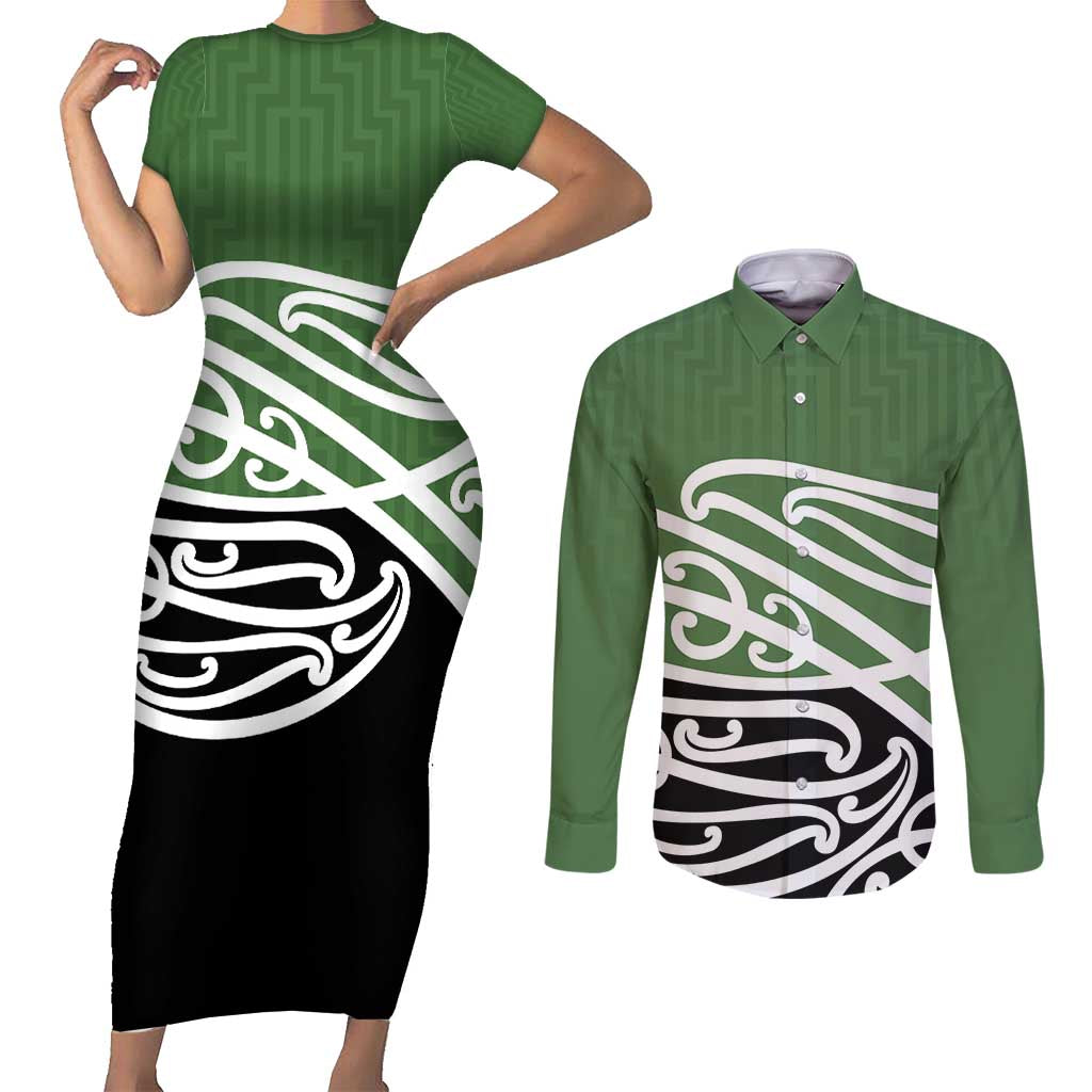 Green Fern New Zealand Kowhai Ngutukak Couples Matching Short Sleeve Bodycon Dress and Long Sleeve Button Shirt - Aussie Hoodie