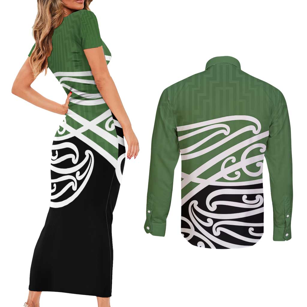 Green Fern New Zealand Kowhai Ngutukak Couples Matching Short Sleeve Bodycon Dress and Long Sleeve Button Shirt - Aussie Hoodie