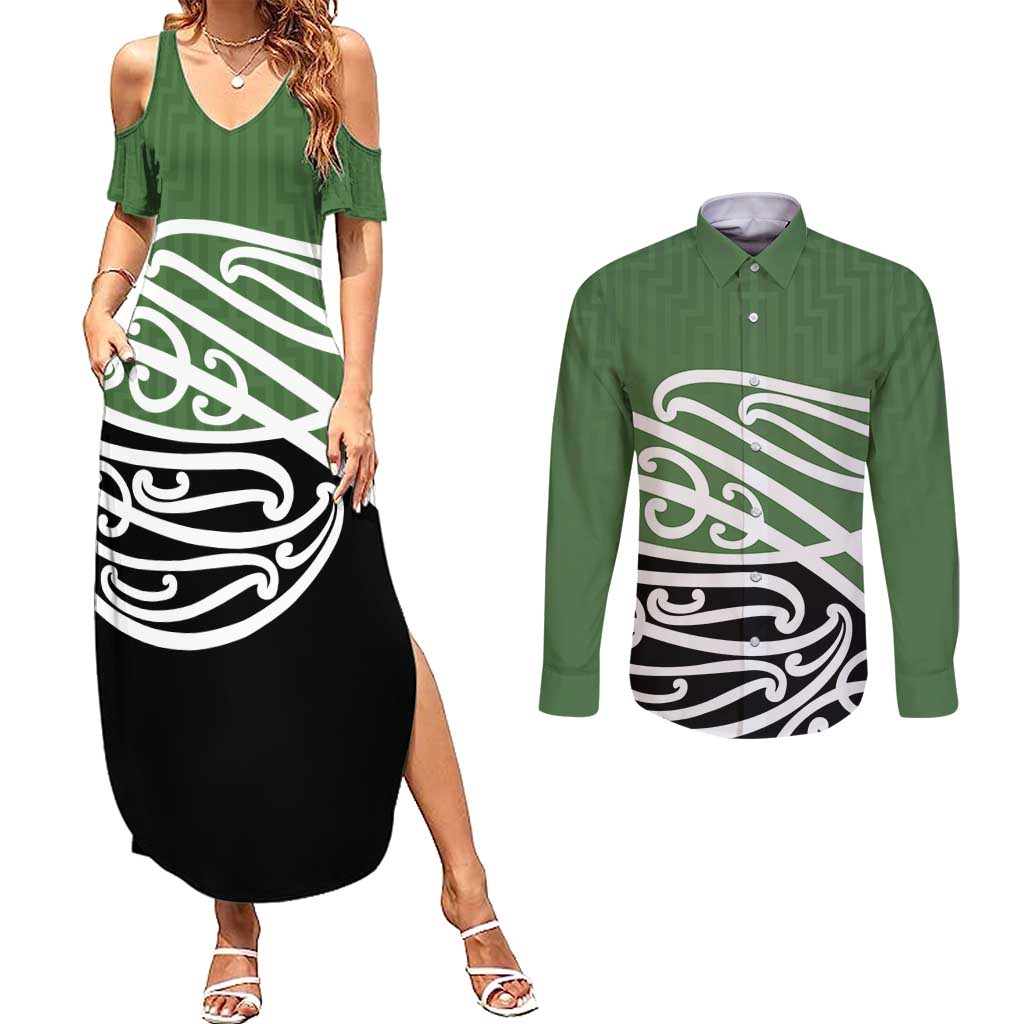 Green Fern New Zealand Kowhai Ngutukak Couples Matching Summer Maxi Dress and Long Sleeve Button Shirt - Aussie Hoodie