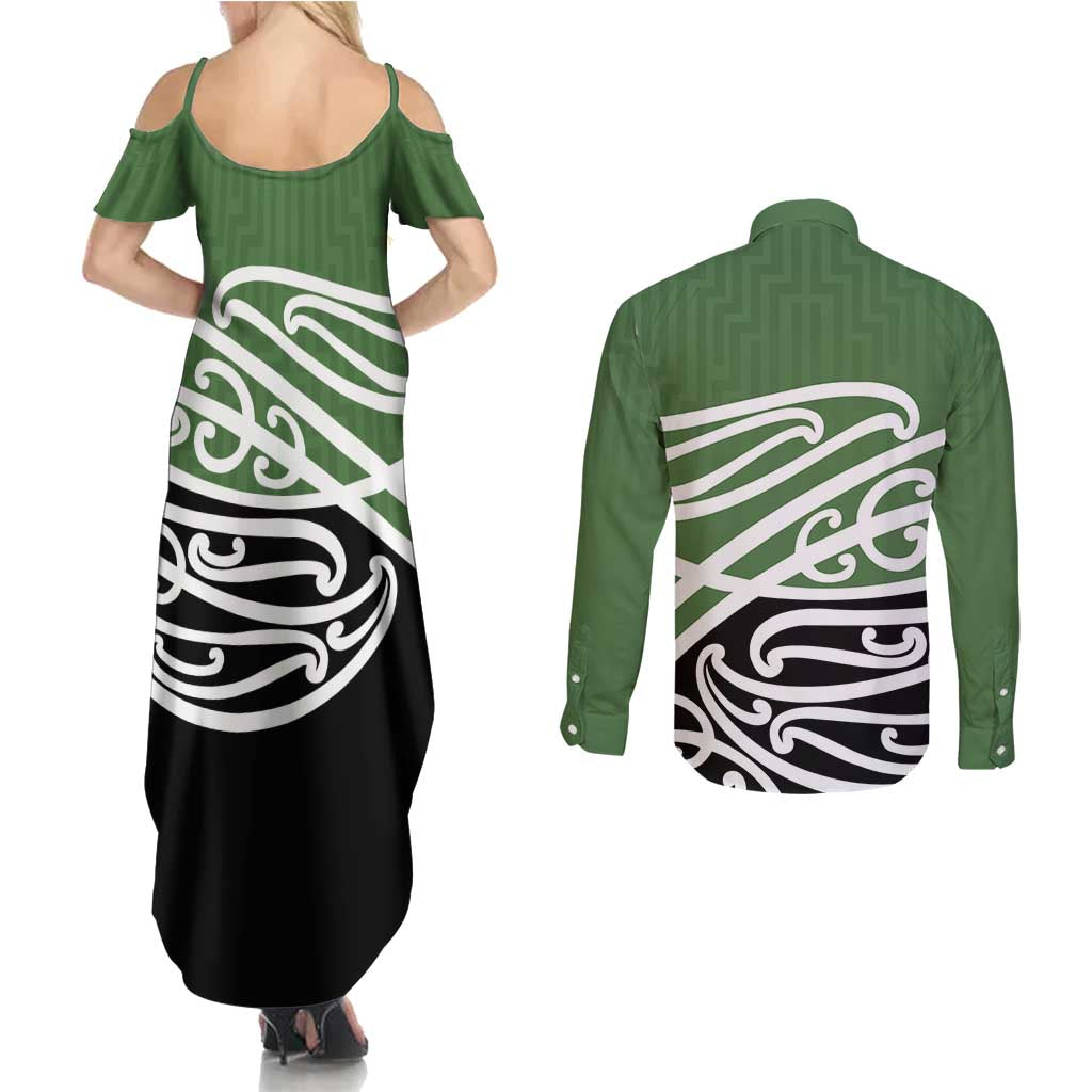 Green Fern New Zealand Kowhai Ngutukak Couples Matching Summer Maxi Dress and Long Sleeve Button Shirt - Aussie Hoodie