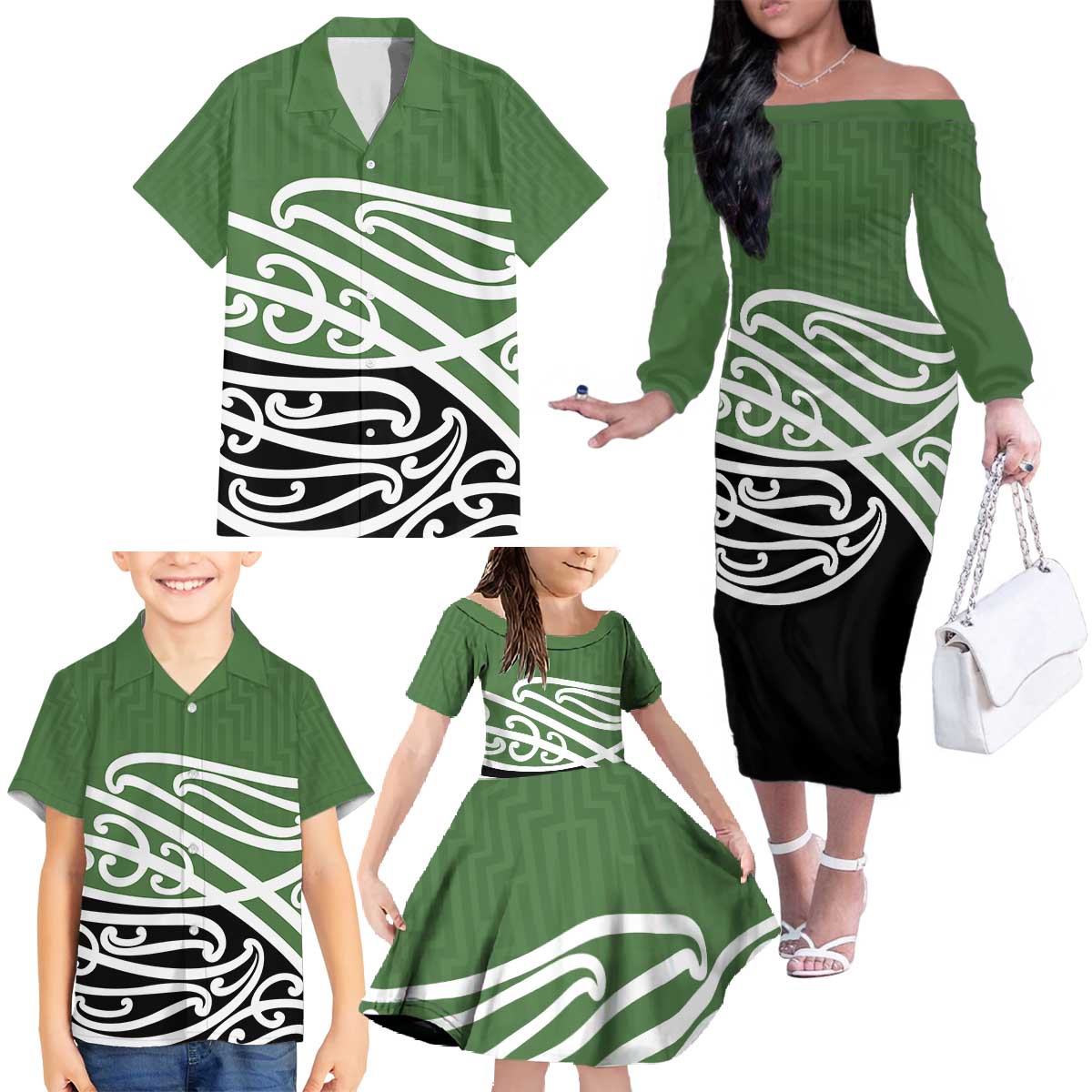 Green Fern New Zealand Kowhai Ngutukak Family Matching Off The Shoulder Long Sleeve Dress and Hawaiian Shirt - Aussie Hoodie