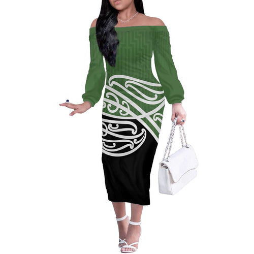 Green Fern New Zealand Kowhai Ngutukak Off The Shoulder Long Sleeve Dress - Aussie Hoodie